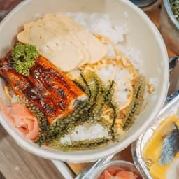 Riso con anguilla, alghe e tamagoyaki