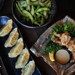 Gyoza, pollo fritto ed edamame